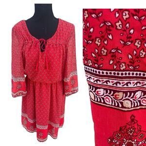 AUW Red Floral Print Sheer Overlay 3/4 Sleeve Elastic Waist Midi Dress Size L